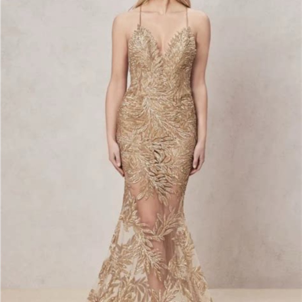 NADINE MERABI Gold Tan Embellished Backless Gown
